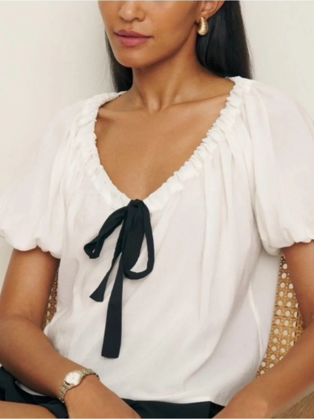 Reformation Kenna Bow Short-Sleeve Blouse